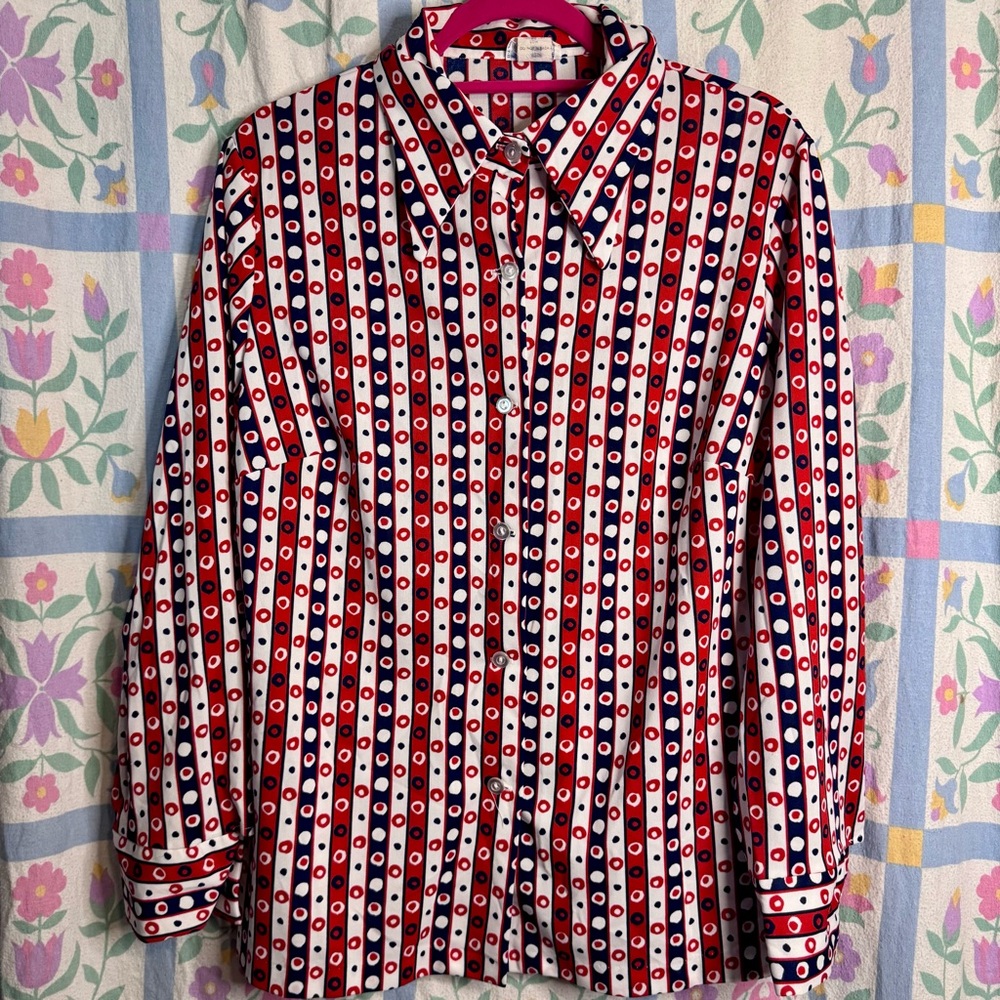 Vintage 70s Sears Red White And Blue Stripe And Polka Dot Button Down Shirt